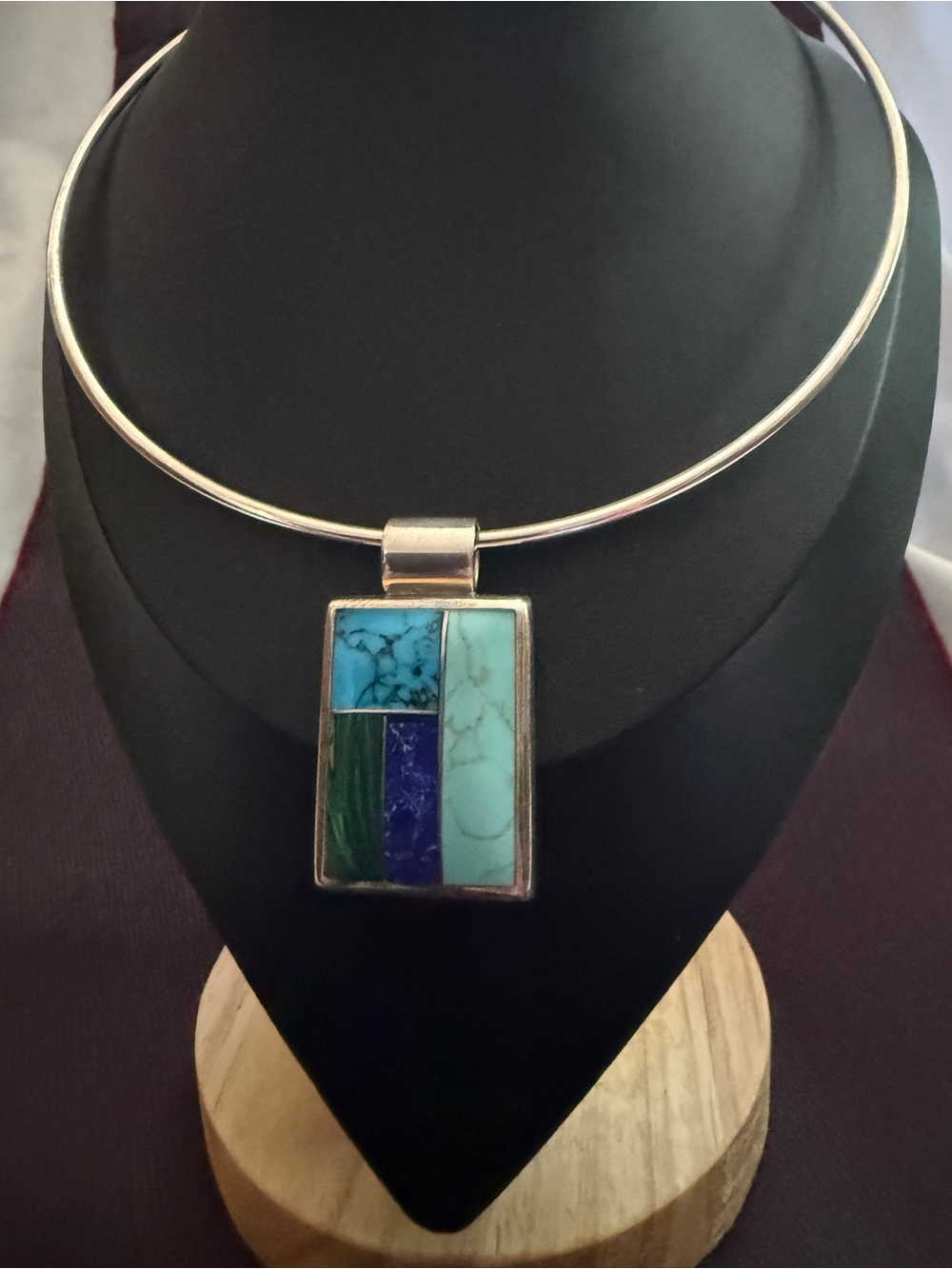 Turquoise Multi-Stone Inlay Pendant Mexico Sterling Silver Necklace Blue & Green